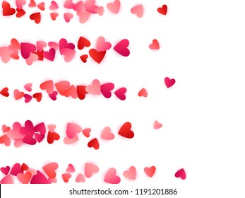Ruby red flying hearts bright love passion vector background. Amour icons backdrop. Cartoon confetti love symbols pattern. Glorious flying red hearts scatter for Valentines Day card.