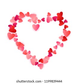 Ruby red flying hearts bright love passion frame border vector background. Romantic emotions signs confetti. Fascinating flying red hearts scatter for Valentines Day decor.