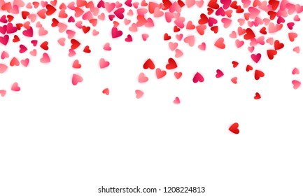 Ruby red flying hearts bright love passion frame border vector background. Cartoon confetti love symbols pattern. Astonishing flying red hearts scatter wedding party border decor.