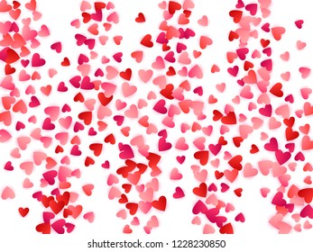 Ruby red flying hearts bright love passion vector background. Romantic elements confetti. Modern flying red hearts scatter wedding Day decor.