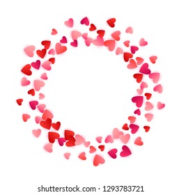 Ruby red flying hearts bright love passion frame border vector background. Cartoon confetti love symbols graphic design. Pretty flying red hearts scatter for wedding card.