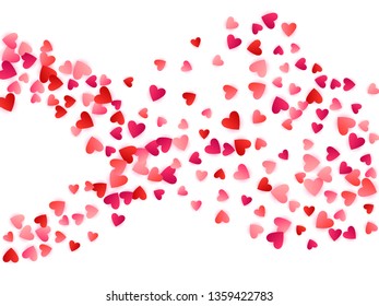Ruby red flying hearts bright love passion vector background. Romantic symbols confetti. Modern flying red hearts scatter for birthday card.
