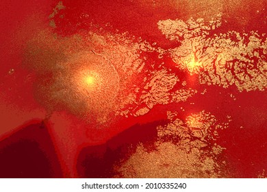Ruby red, and gold abstract marble pattern with sparkles. Vector background in alcohol ink technique with glitter. Template for banner, poster design. Fluid art painting