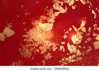Ruby red and gold pattern with marble texture and sparkles. Abstract vector background in alcohol ink technique. Modern paint with glitter. Template for banner, poster design. Fluid art painting