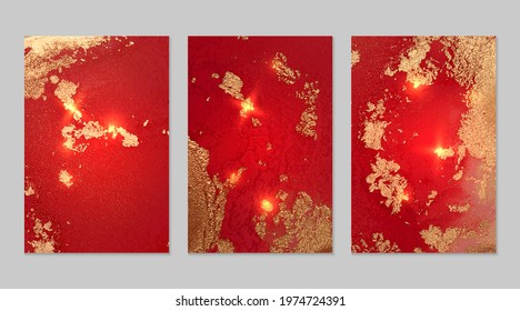 Ruby red and gold pattern with texture of geode and sparkles. Abstract vector background in alcohol ink technique. Modern paint with glitter. Set of backdrops for banner, poster design. Fluid art