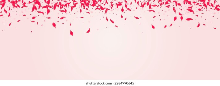 Ruby Rose Vector Pink Panoramic Background. Flying Petal Template. Coral Flower Beauty Banner. Carmine Summer Cherry Pattern.