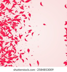 Ruby Sakura Vector Pink Background. Japanese Cherry Illustration. Carmine Floral Fly Texture. Coral Falling Lotus Backdrop.