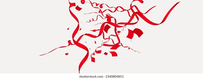 Ruby Spiral Abstract Vector Panoramic Grey Background. Fun Serpentine Illustration. Confetti Celebrate Branch. Red Flying Invitation.
