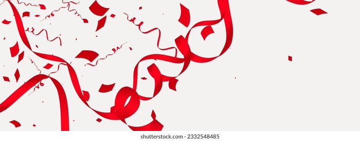 Ruby Star Carnival Vector Panoramic Grey Background. Anniversary Ribbon Plant. Confetti Celebrate Invitation. Scarlet Festive Template.