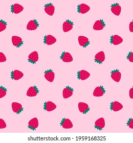 Ruby strawberries with turquoise leaves on pink background, seamless pattern 