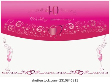 Ruby wedding 40th anniversary invitation. Original abstract beautiful vector illustration. Banner. Rose gold pattern. Glasses of champagne. Wedding rings, hearts