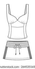 Ruched Bust Crop Top e Contrast Trim Mini saia Ilustração de moda técnica. Modelo De Vetor De Traje De Duas Partes Correspondente. Correias ajustáveis. Vista Frontal. Atletismo Feminino. Conjunto de montagem CAD.