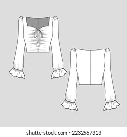 Ruched Gathering Knotted Crop top Puff Long Sleeve Ruffles Frill Hem  fashion flats sketch template