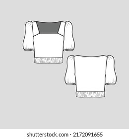Ruched Hem Crop top Square Neck Short Puff Sleeve Gathering detail shirred waist hem Cropped fashion t shirt top blouse flat sketch technical drawing template design vector