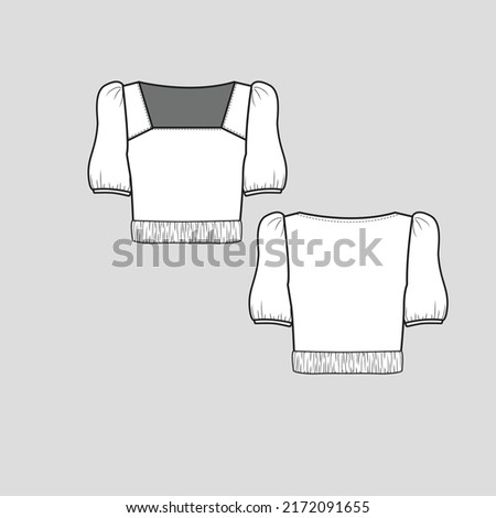 Ruched Hem Crop top Square Neck Short Puff Sleeve Gathering detail shirred waist hem Cropped fashion t shirt top blouse flat sketch technical drawing template design vector
