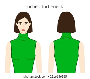 Ruched Neckline Turtlenecks Clothes Knits, Sweaters Character Beautiful Lady In Green Top, Shirt, Dress Technical Fashion Illustration Fitted Body. Flat Apparel Template. Women, Men Unisex CAD Mockup