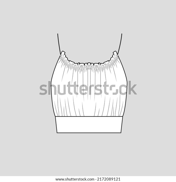 Ruched Ruffle frills Camisole crop top waist Panel\
Gathering shirred detail gathering frill halter neck Cropped\
fashion t shirt top blouse flat sketch technical drawing template\
vector
