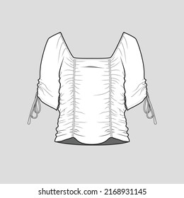 Cuello cuadrado Cuello de nudo de la parte superior de la manga de la unión de la unión de la manga de la reunión elástica moda camiseta blusa superior paro plano dibujo técnico diseño vectorial