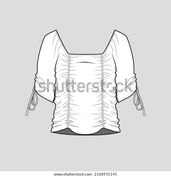 Ruched Shirred\
knotted top Square neck Elbow gathering sleeve knot tie detail \
elastic gathering fashion t shirt top blouse flat sketch technical\
drawing template design\
vector