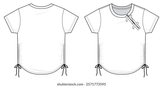 Ruched Side Tie baby tee Technical Fashion Illustration. T-Shirt with Asymmetrical Neckline with Bow Detail and Adjustable Side Drawstrings Vector Template. Front, back View. Relaxed Fit. CAD Mockup.