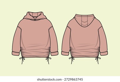 Sudadera con capucha con cordón lateral acanalado Bosquejo técnico: Vista frontal y trasera Maqueta CAD en Dusty Rose