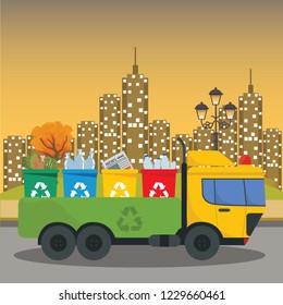 ruck transportation garbage. Car waste disposal. Can container for various garbage. Waste segregation sorting. Recycling and utilization equipment. Waste management. illustration flat style.
