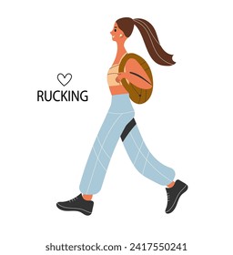 Rucking active walking with a backpack that contains extra weight. A young women train outdoors. Accessible sports, the concept of outdoor training. Vector illustration in the flat style.