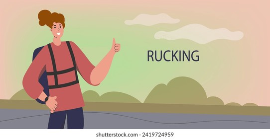 Rucking active walking with a backpack that contains extra weight. A young woman walks with a backpack.  Accessible sports, the concept of outdoor training. Vector illustration in the flat style.