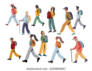 Rucking active walking with a backpack that contains extra weight. A group of people of different genders and ages trains outdoors.  Vector illustration in the flat style.