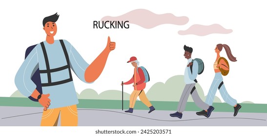 Rucking active walking with a backpack that contains extra weight. A group of people of different genders and ages trains outdoors.  the concept of outdoor training. Vector illustration in the flat st