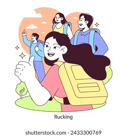 Rucking concept. A cheerful group embarks on a rucking journey, exemplifying camaraderie and fitness in nature. Outdoor activity enthusiasm. Flat vector illustration.