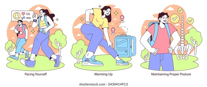 Rucking set. Sequential actions for a successful ruck march: pacing, warm-up routines, maintaining posture. Healthful outdoor activity tips. Flat vector illustration.