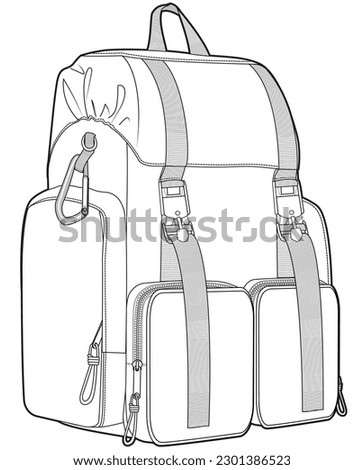 rucksack backpack flat sketch vector illustration traveling bag technical cad drawing template