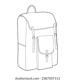 Rucksack-Rucksack-Silhouettenbeutel. Technische Illustration zum Mode-Accessoire. Vektorgrafik-Vorderseite 3-4 für Männer, Frauen, unisex-Stil, flache Handtasche-CAD-Mockup-Skizze einzeln