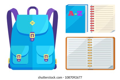 Rucksack in blue colors with big pockets and metal fasteners and open ABC copybook vector illustration isolated on white