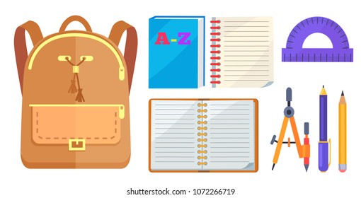 Rucksack fashionable model in beige color with big pocket, open exercise book, protractor and compass divider isolated on white background