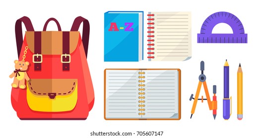 Rucksack for girl with cute teddy bear and big pocket locked on metal fastener, open exercise book, protractor and compass divider isolated on white background
