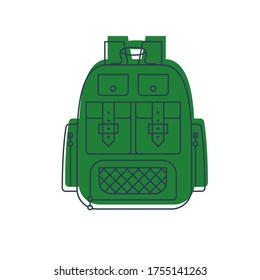 Rucksack or schoolbag with pockets and zipper element. Education and study backpack for students and traveling icon. Tourism bag. Front view. Flat line art illustration isolated on white background.