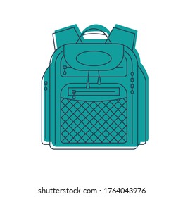 Robo o bolso con bolsillos y elementos de cremallera. Mochila de educación y estudio para estudiantes e icono de viaje. Bolsa de turismo. Vista frontal. Ilustración de arte de línea plana aislada en fondo blanco.