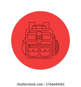 Rucksack or schoolbag with pockets and zipper element. Education and study backpack for students and traveling icon. Tourism bag. Front view. Flat line art illustration isolated on circle background.