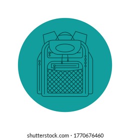 Rucksack or schoolbag with pockets and zipper element. Education and study backpack for students and traveling icon. Tourism bag. Front view. Flat line art illustration isolated on circle background.
