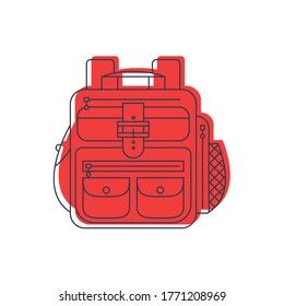 Rucksack or schoolbag with pockets and zipper element. Education and study backpack for students and traveling icon. Tourism bag. Front view. Flat line art illustration isolated on white background.