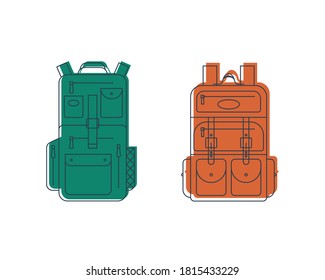 Robo o bolso con bolsillos y elementos de cremallera. Mochila de educación y estudio para estudiantes e icono de viaje. Bolsa de turismo. Vista frontal. Ilustración de arte de línea plana aislada en fondo blanco.