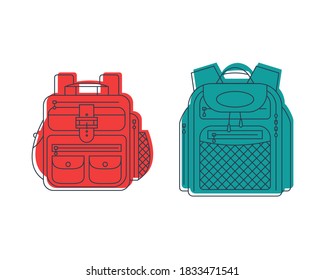Rucksack or schoolbag with pockets and zipper element. Education and study backpack for students and traveling icon. Tourism bag. Front view. Flat line art illustration isolated on white background.