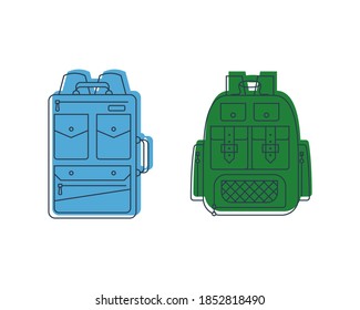 Rucksack or schoolbag with pockets and zipper element. Education and study backpack for students and traveling icon. Tourism bag. Front view. Flat line art illustration isolated on white background.