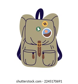 Rucksack, travel backpack. Packed tourists bag, knapsack for trekking, hiking. Touristic luggage, haversack with sticker, badge. Textile packsack. Flat vector illustration isolated on white background