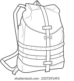 rucksack traveling bag flat sketch vector illustration technical cad drawing template