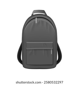 Rucksack for traveling or school. Vector isolated realistic casual style black bag for personal belongings. Sack with shoulder straps and handle, pocket and zippers. Textile or leather satchel