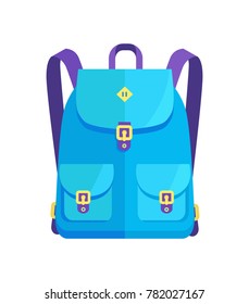 Rucksack unisex in blue colors with big pockets and metal fasteners vector illustration isolated on white. Backpack in back to school concept