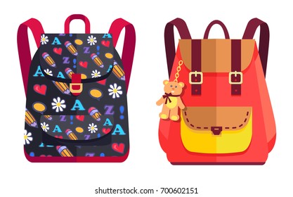 Rucksacks for girl with cute teddy bear and big pocket locked on metal fastener and from dark blue textile with different objects vector illustration isolated on white.